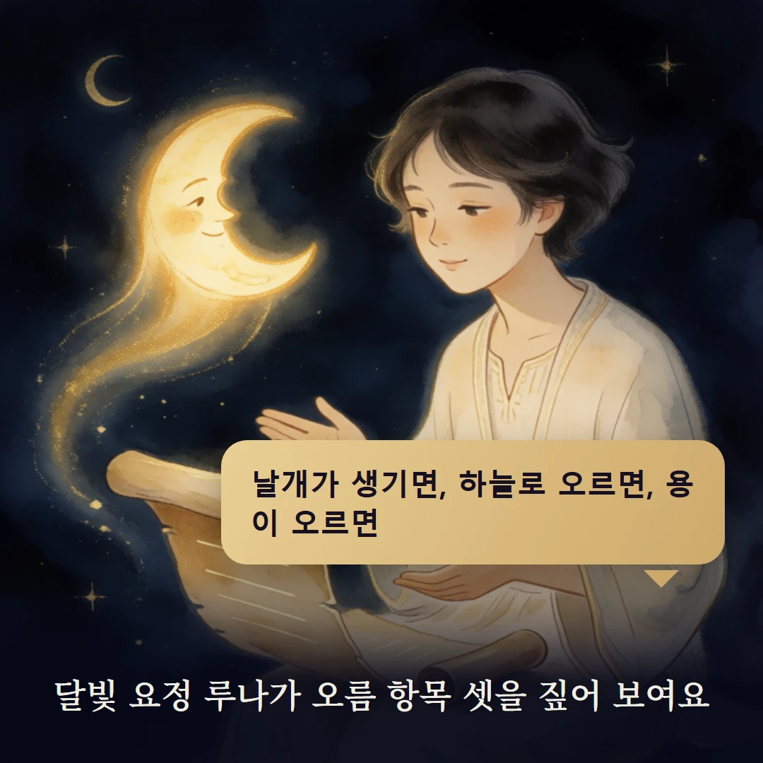 이야기 2컷 — 달빛 요정 루나가 오름 항목 셋을 짚어 보여요