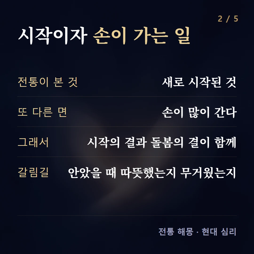 시작이자 손이 가는 일 — 전통이 본 것 새로 시작된 것, 또 다른 면 손이 많이 간다, 그래서 시작의 결과 돌봄의 결이 함께, 갈림길 안았을 때 따뜻했는지 무거웠는지