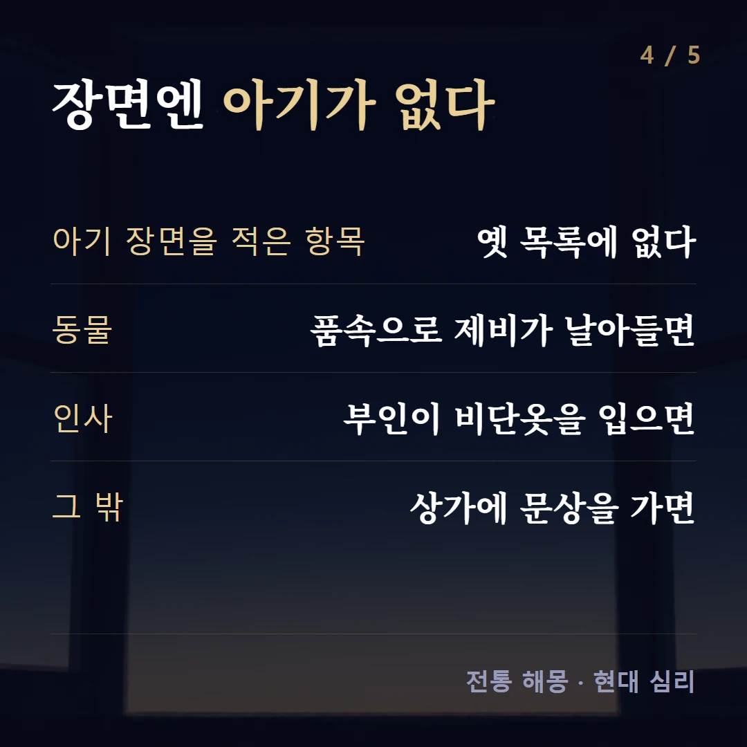 장면엔 아기가 없다 — 아기 장면을 적은 항목 옛 목록에 없다, 동물 품속으로 제비가 날아들면, 인사 부인이 비단옷을 입으면, 그 밖 상가에 문상을 가면