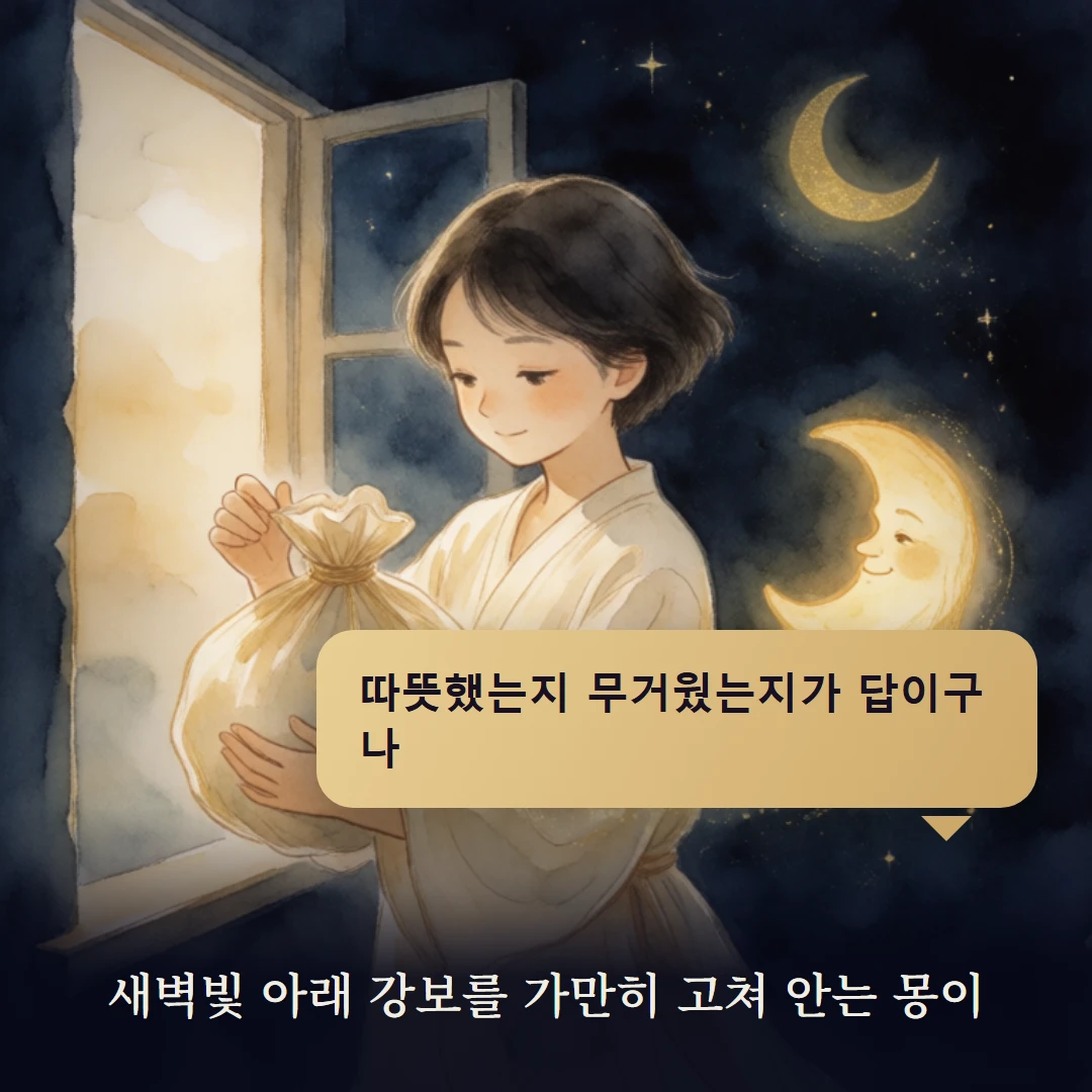 이야기 4컷 — 새벽빛 아래 강보를 가만히 고쳐 안는 몽이