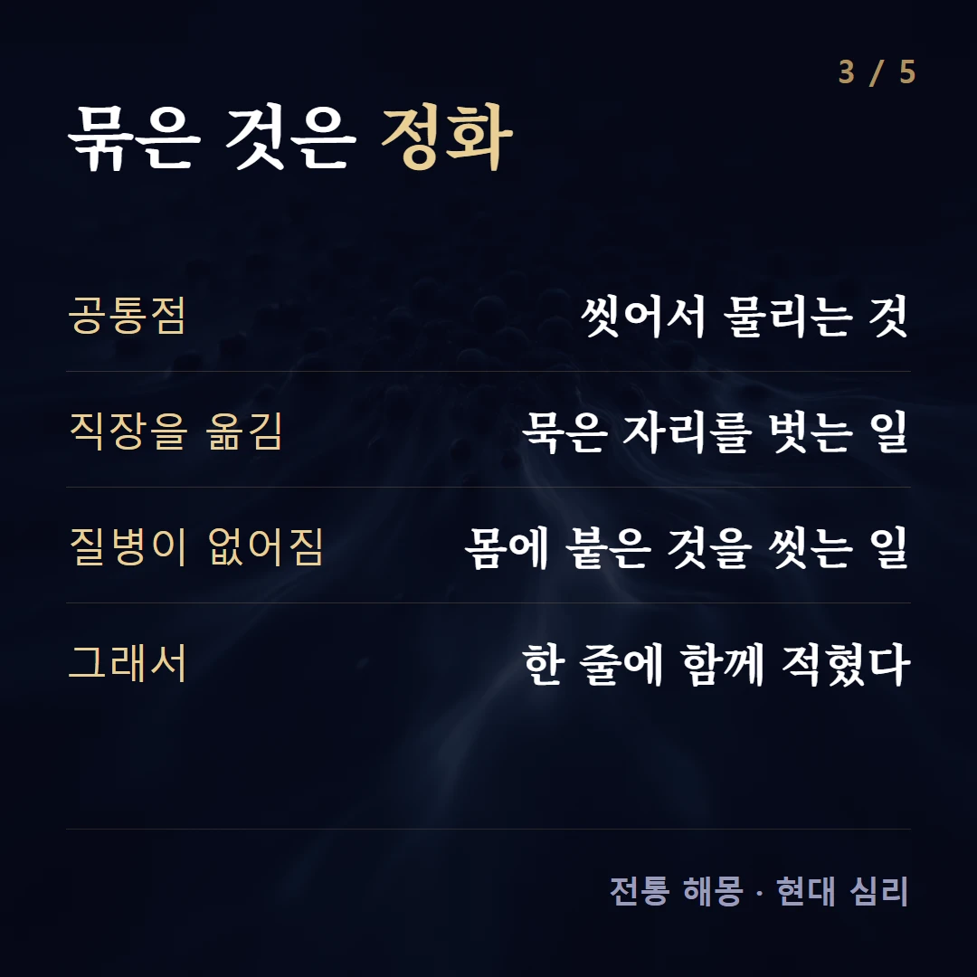 묶은 것은 정화 — 공통점 씻어서 물리는 것, 직장을 옮김 묵은 자리를 벗는 일, 질병이 없어짐 몸에 붙은 것을 씻는 일, 그래서 한 줄에 함께 적혔다