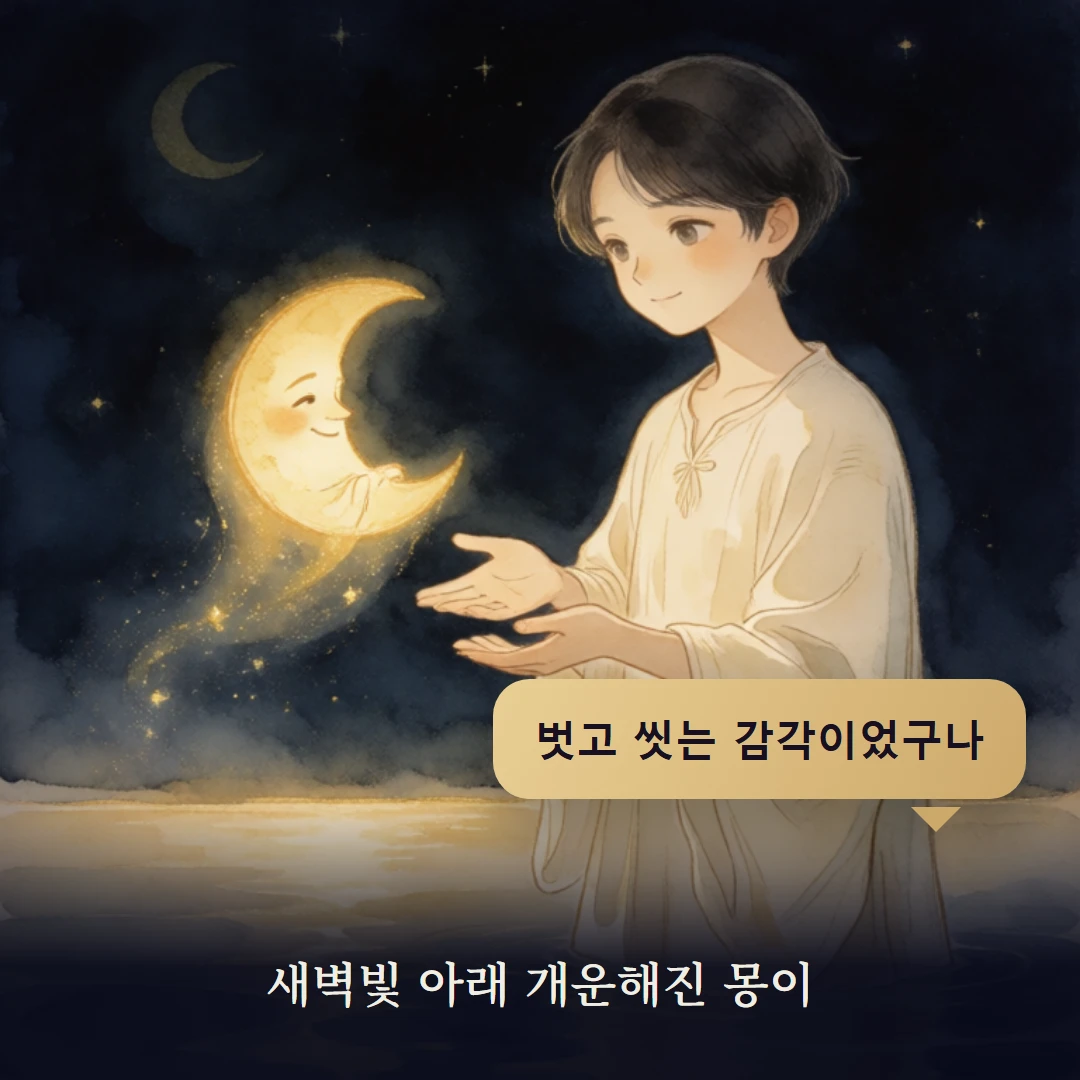 이야기 4컷 — 새벽빛 아래 개운해진 몽이