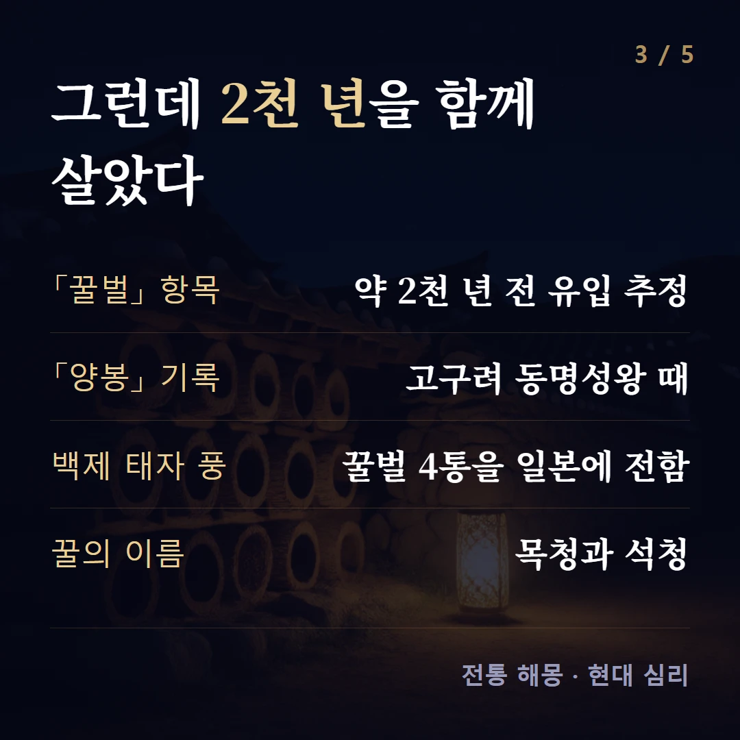 그런데 2천 년을 함께 살았다 — 「꿀벌」 항목 약 2천 년 전 유입 추정, 「양봉」 기록 고구려 동명성왕 때, 백제 태자 풍 꿀벌 4통을 일본에 전함, 꿀의 이름 목청과 석청
