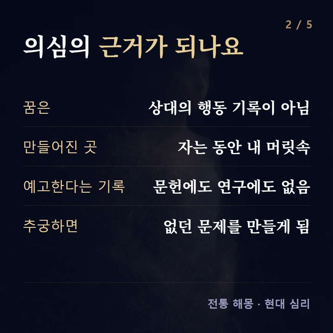 의심의 근거가 되나요 — 꿈은 상대의 행동 기록이 아님, 만들어진 곳 자는 동안 내 머릿속, 예고한다는 기록 문헌에도 연구에도 없음, 추궁하면 없던 문제를 만들게 됨