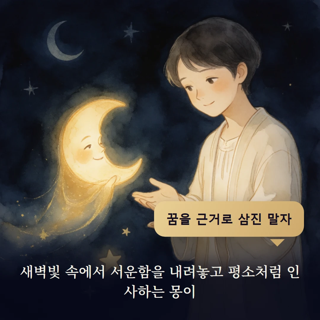이야기 4컷 — 새벽빛 속에서 서운함을 내려놓고 평소처럼 인사하는 몽이