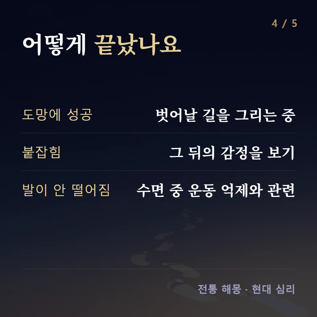 어떻게 끝났나요 — 도망에 성공 벗어날 길을 그리는 중, 붙잡힘 그 뒤의 감정을 보기, 발이 안 떨어짐 수면 중 운동 억제와 관련