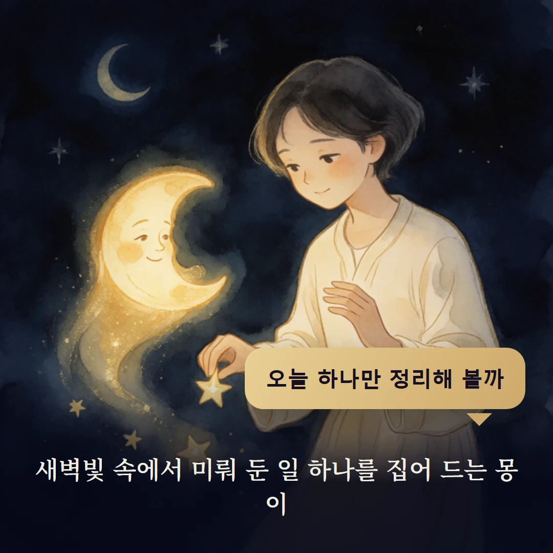 이야기 4컷 — 새벽빛 속에서 미뤄 둔 일 하나를 집어 드는 몽이