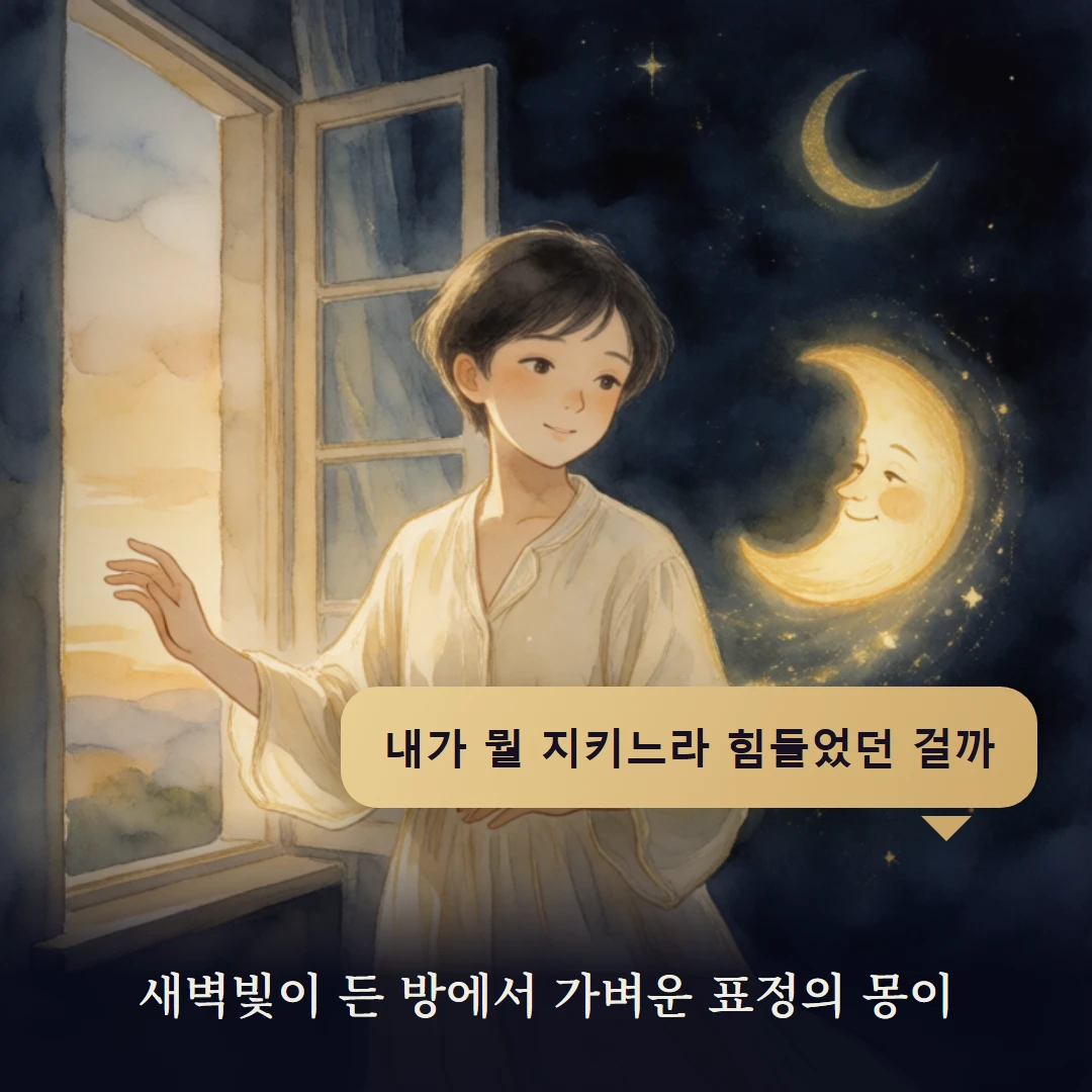 이야기 4컷 — 새벽빛이 든 방에서 가벼운 표정의 몽이