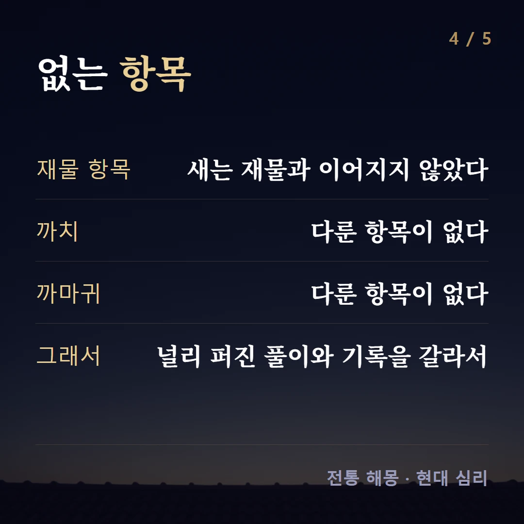 없는 항목 — 재물 항목 새는 재물과 이어지지 않았다, 까치 다룬 항목이 없다, 까마귀 다룬 항목이 없다, 그래서 널리 퍼진 풀이와 기록을 갈라서