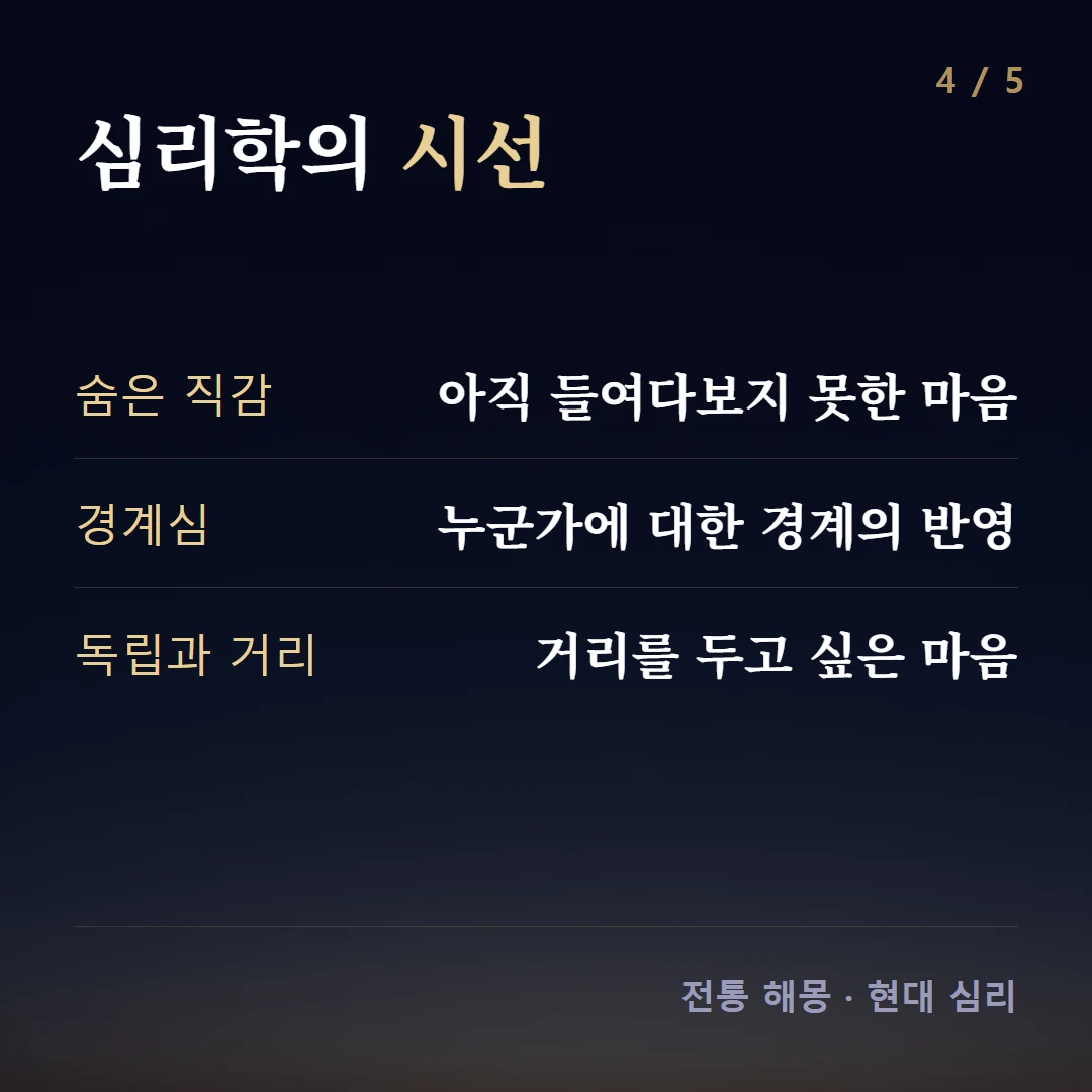 심리학의 시선 — 숨은 직감 아직 들여다보지 못한 마음, 경계심 누군가에 대한 경계의 반영, 독립과 거리 거리를 두고 싶은 마음
