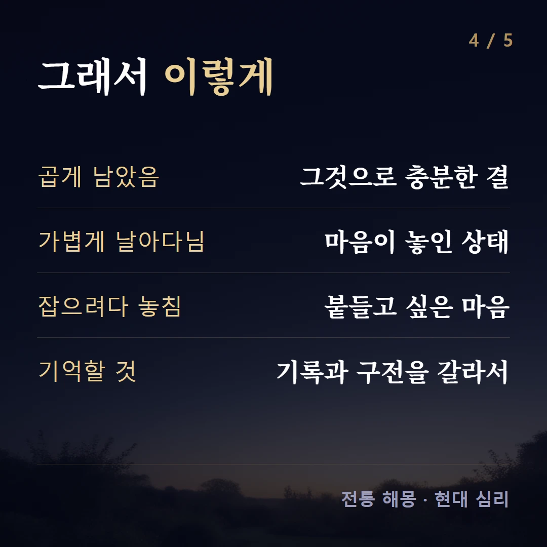 그래서 이렇게 — 곱게 남았음 그것으로 충분한 결, 가볍게 날아다님 마음이 놓인 상태, 잡으려다 놓침 붙들고 싶은 마음, 기억할 것 기록과 구전을 갈라서
