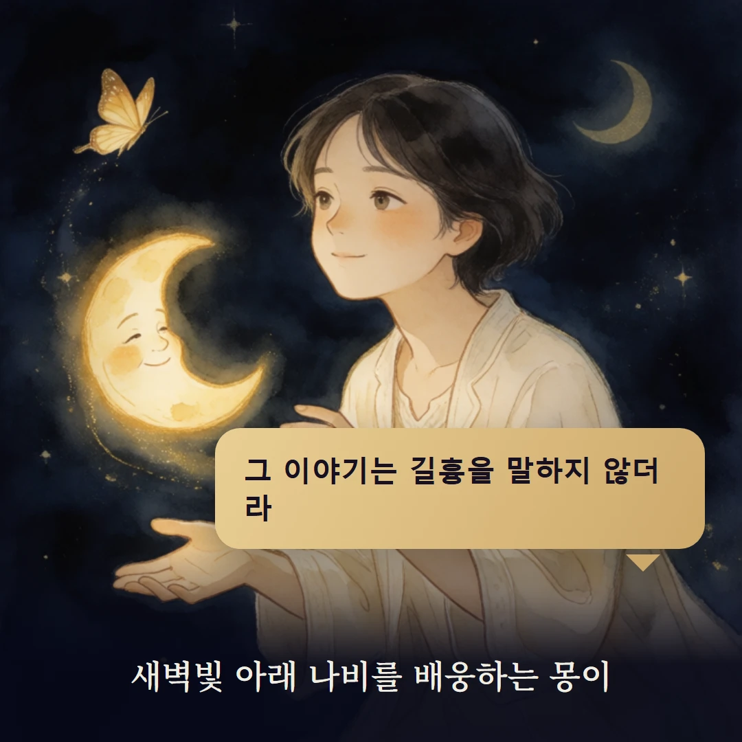 이야기 4컷 — 새벽빛 아래 나비를 배웅하는 몽이