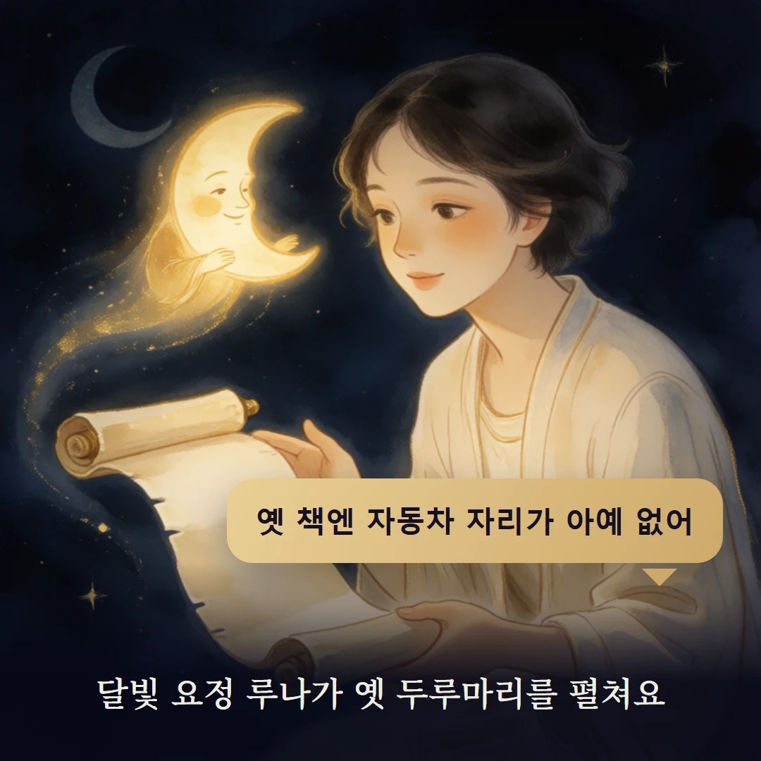 이야기 2컷 — 달빛 요정 루나가 옛 두루마리를 펼쳐요