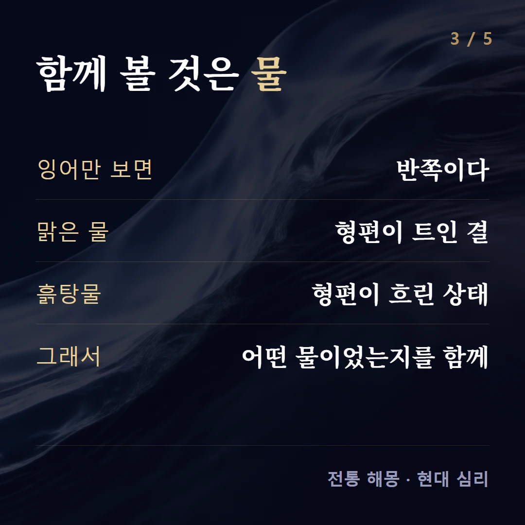 함께 볼 것은 물 — 잉어만 보면 반쪽이다, 맑은 물 형편이 트인 결, 흙탕물 형편이 흐린 상태, 그래서 어떤 물이었는지를 함께