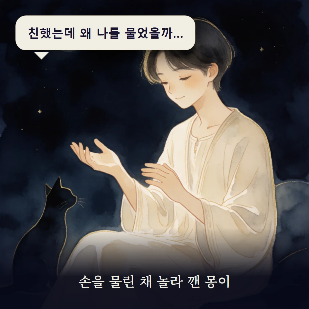 이야기 1컷 — 손을 물린 채 놀라 깬 몽이