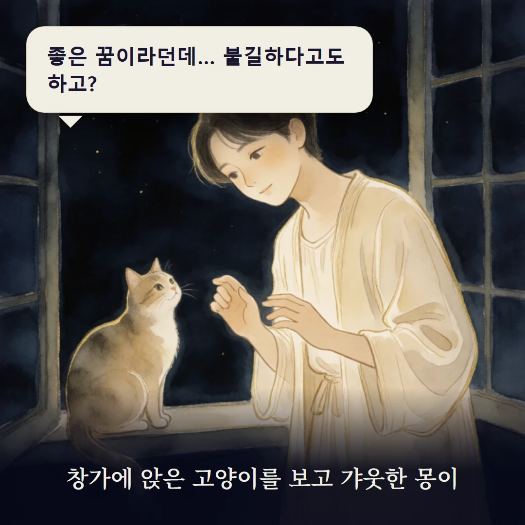 이야기 1컷 — 창가에 앉은 고양이를 보고 갸웃한 몽이