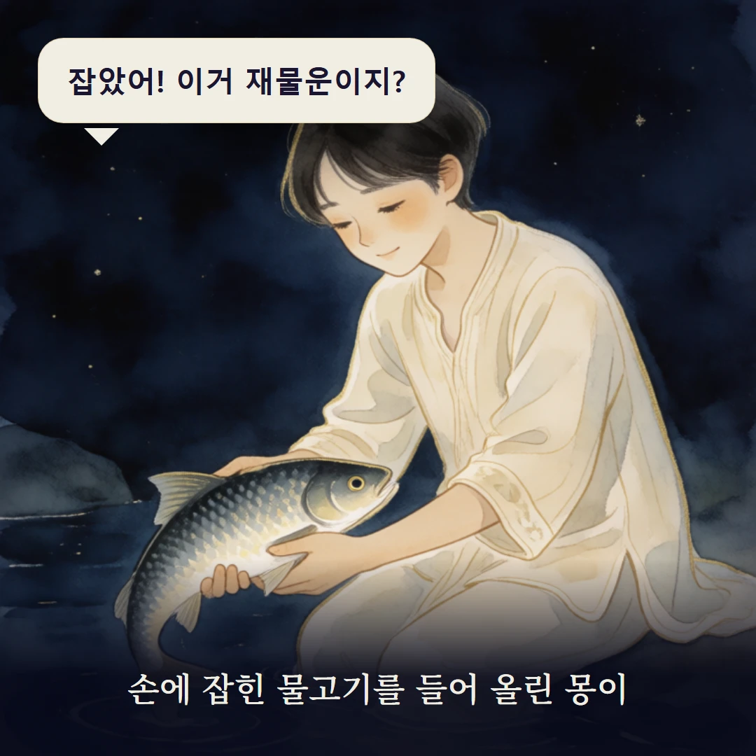 이야기 1컷 — 손에 잡힌 물고기를 들어 올린 몽이