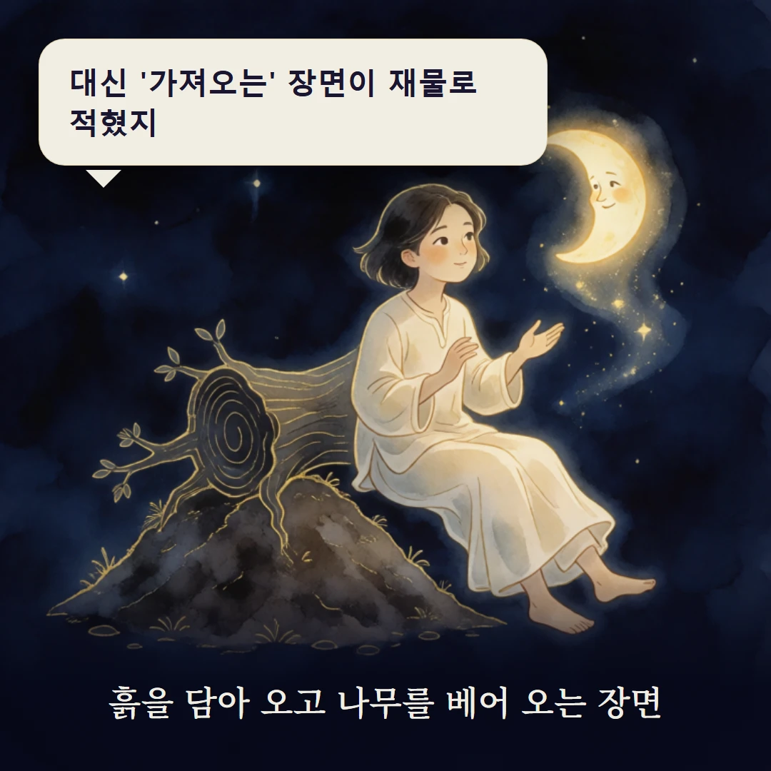 이야기 3컷 — 흙을 담아 오고 나무를 베어 오는 장면