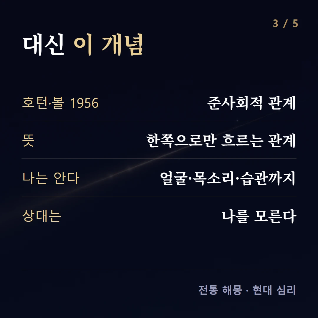 대신 이 개념 — 호턴·볼 1956 준사회적 관계, 뜻 한쪽으로만 흐르는 관계, 나는 안다 얼굴·목소리·습관까지, 상대는 나를 모른다