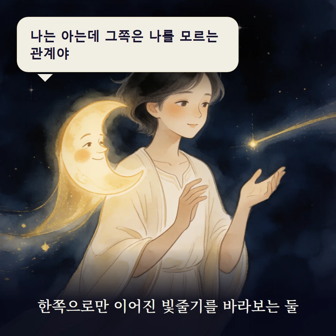 이야기 3컷 — 한쪽으로만 이어진 빛줄기를 바라보는 둘