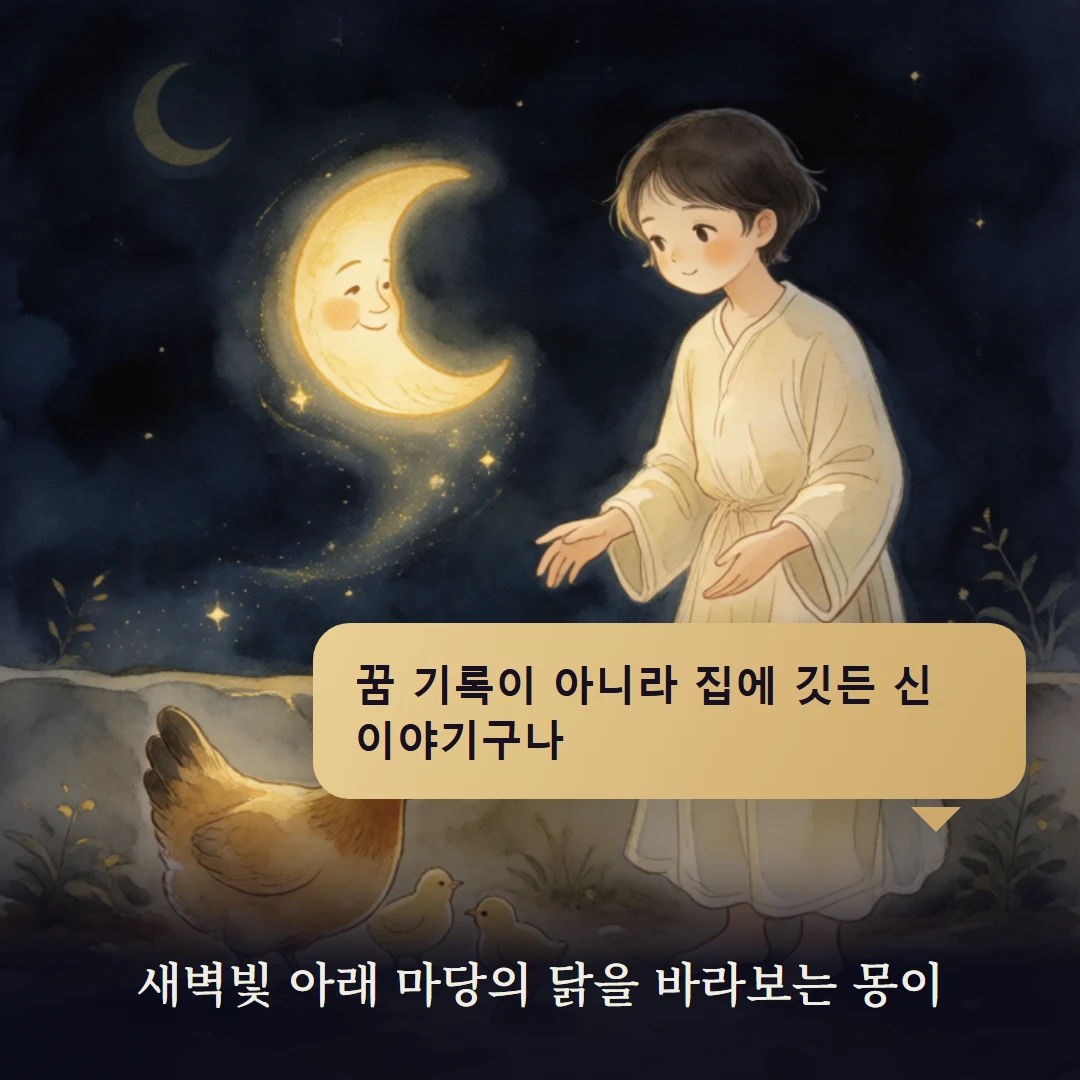 이야기 4컷 — 새벽빛 아래 마당의 닭을 바라보는 몽이
