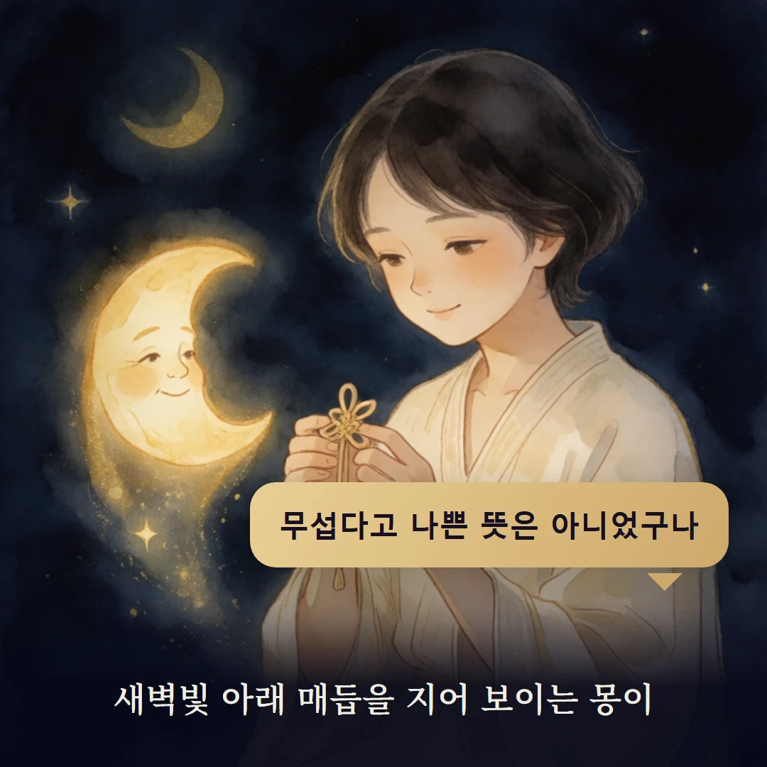 이야기 4컷 — 새벽빛 아래 매듭을 지어 보이는 몽이