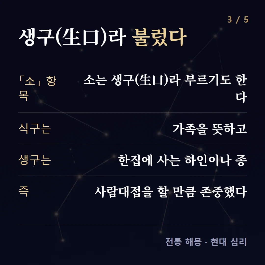 생구(生口)라 불렀다 — 「소」 항목 소는 생구(生口)라 부르기도 한다, 식구는 가족을 뜻하고, 생구는 한집에 사는 하인이나 종, 즉 사람대접을 할 만큼 존중했다