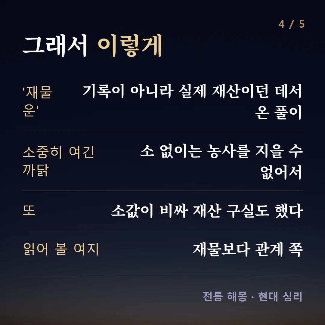 그래서 이렇게 — '재물운' 기록이 아니라 실제 재산이던 데서 온 풀이, 소중히 여긴 까닭 소 없이는 농사를 지을 수 없어서, 또 소값이 비싸 재산 구실도 했다, 읽어 볼 여지 재물보다 관계 쪽