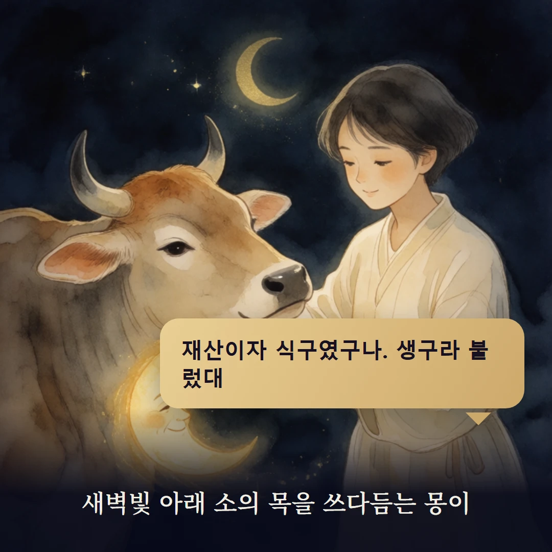 이야기 4컷 — 새벽빛 아래 소의 목을 쓰다듬는 몽이