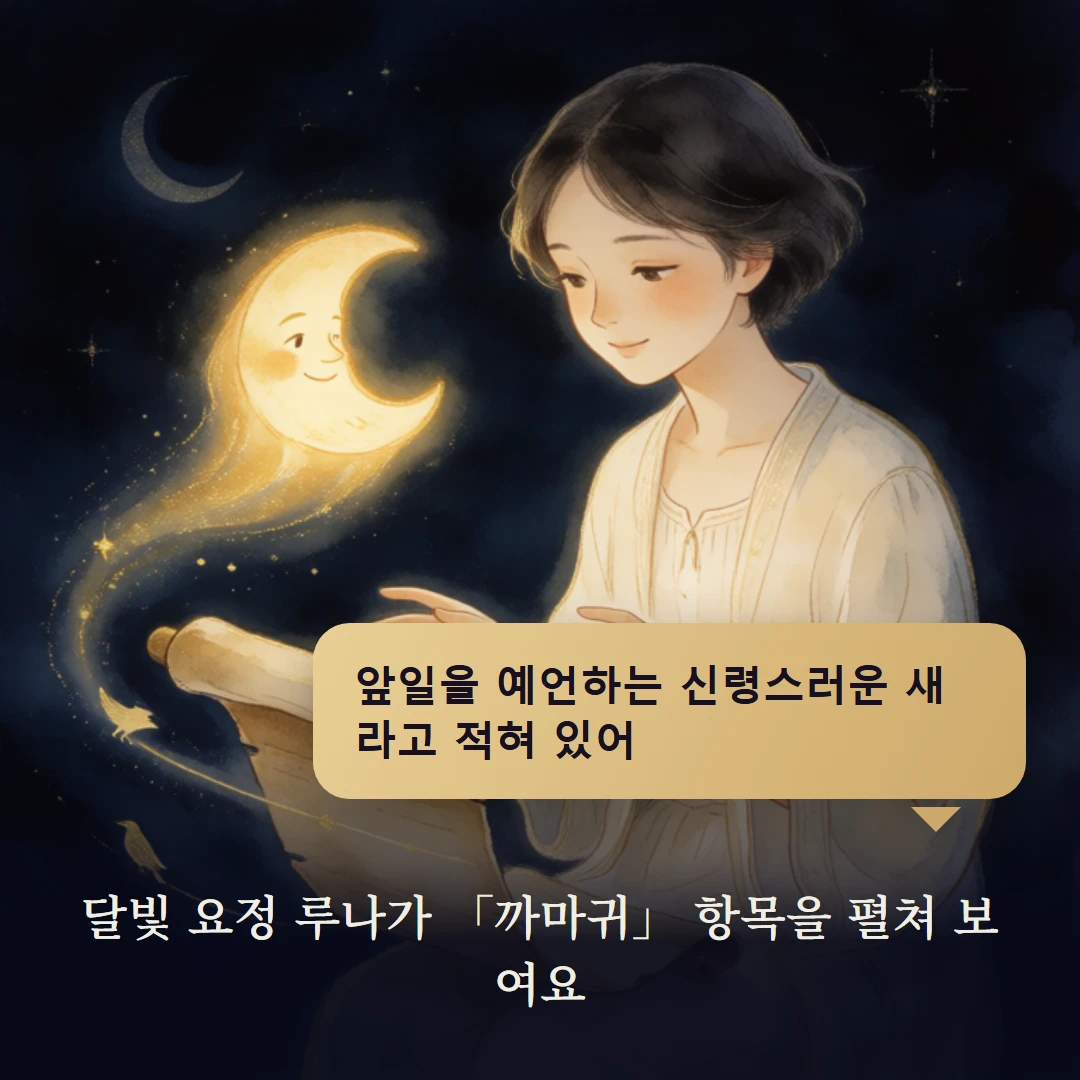이야기 2컷 — 달빛 요정 루나가 「까마귀」 항목을 펼쳐 보여요