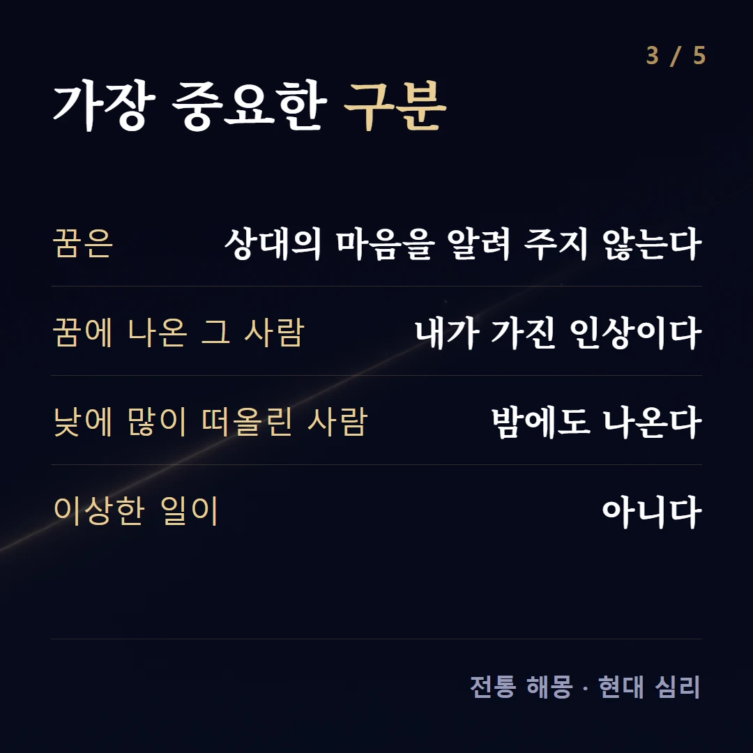 가장 중요한 구분 — 꿈은 상대의 마음을 알려 주지 않는다, 꿈에 나온 그 사람 내가 가진 인상이다, 낮에 많이 떠올린 사람 밤에도 나온다, 이상한 일이 아니다