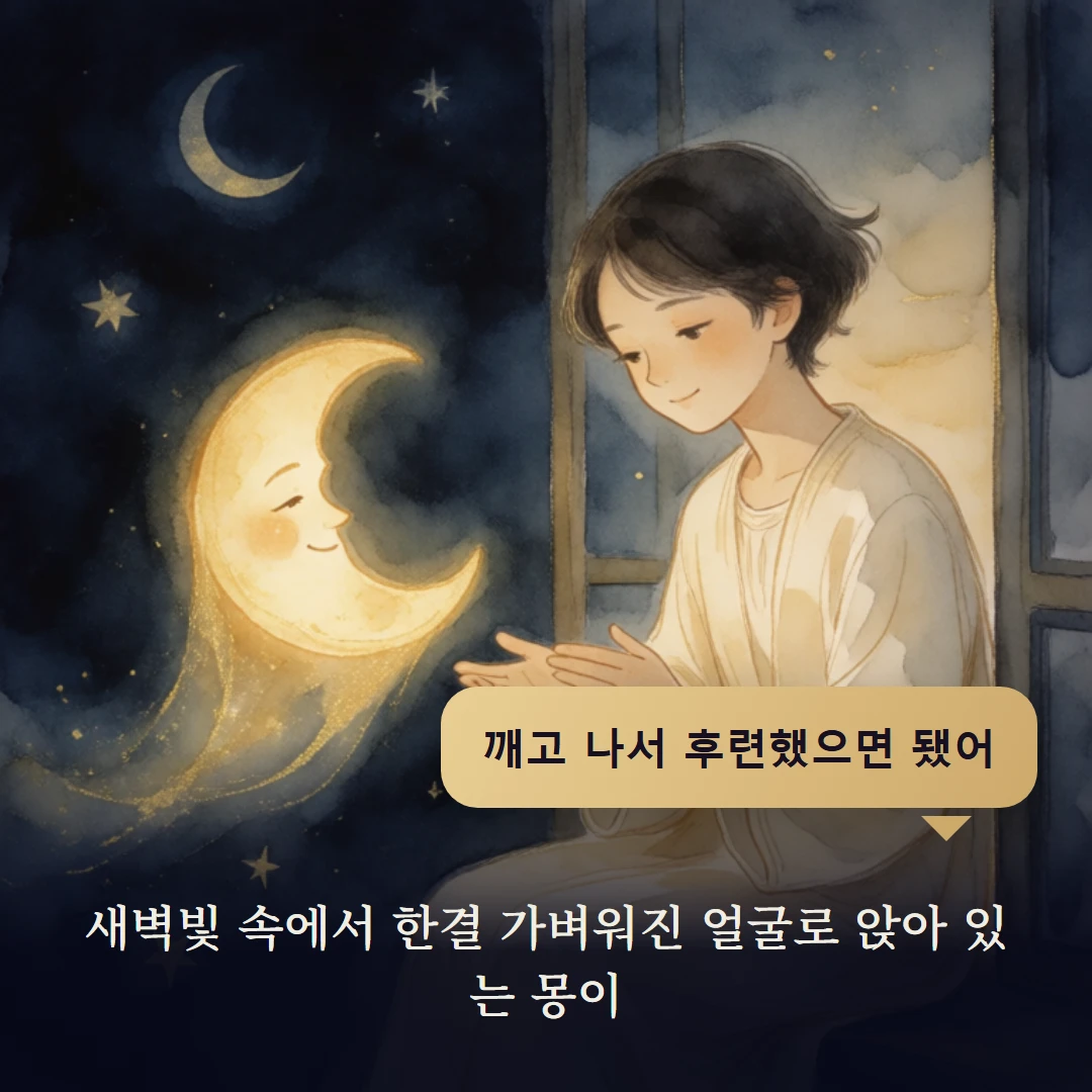 이야기 4컷 — 새벽빛 속에서 한결 가벼워진 얼굴로 앉아 있는 몽이