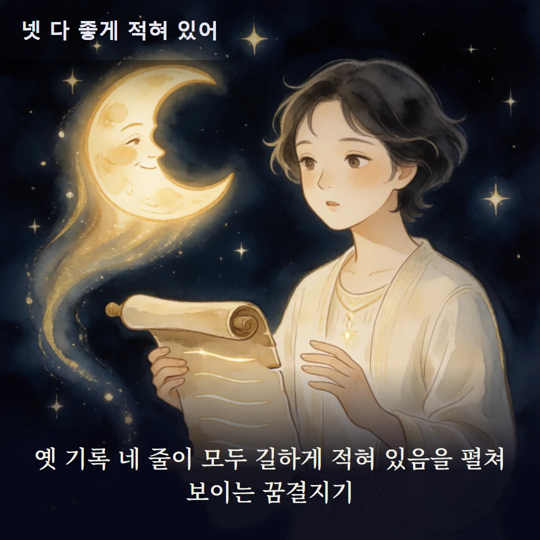 이야기 2컷 — 옛 기록 네 줄이 모두 길하게 적혀 있음을 펼쳐 보이는 꿈결지기