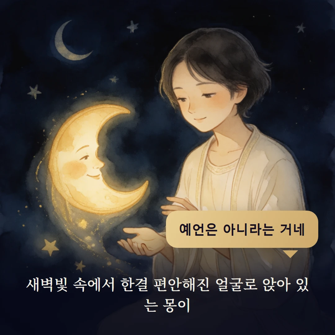 이야기 4컷 — 새벽빛 속에서 한결 편안해진 얼굴로 앉아 있는 몽이