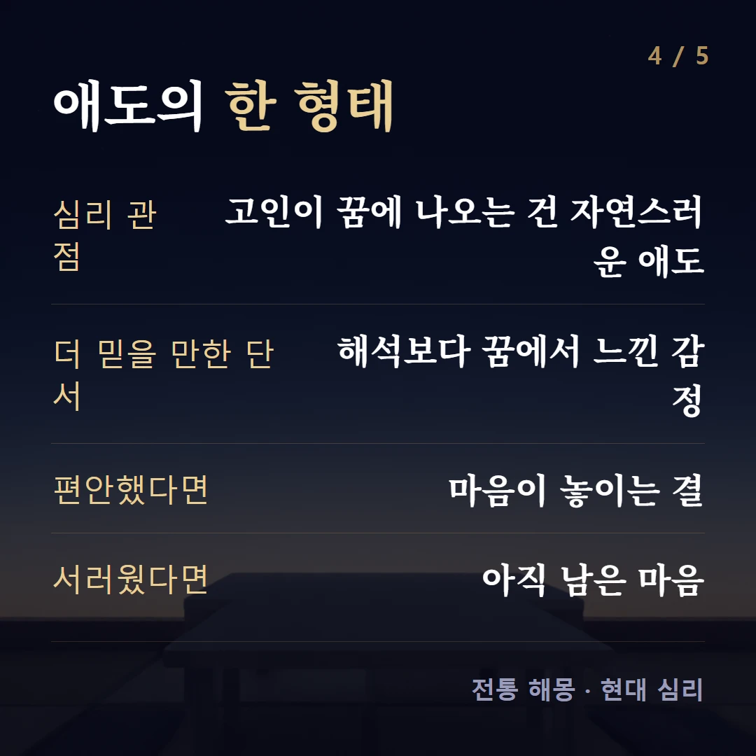 애도의 한 형태 — 심리 관점 고인이 꿈에 나오는 건 자연스러운 애도, 더 믿을 만한 단서 해석보다 꿈에서 느낀 감정, 편안했다면 마음이 놓이는 결, 서러웠다면 아직 남은 마음