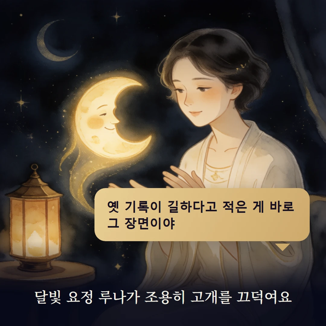 이야기 2컷 — 달빛 요정 루나가 조용히 고개를 끄덕여요