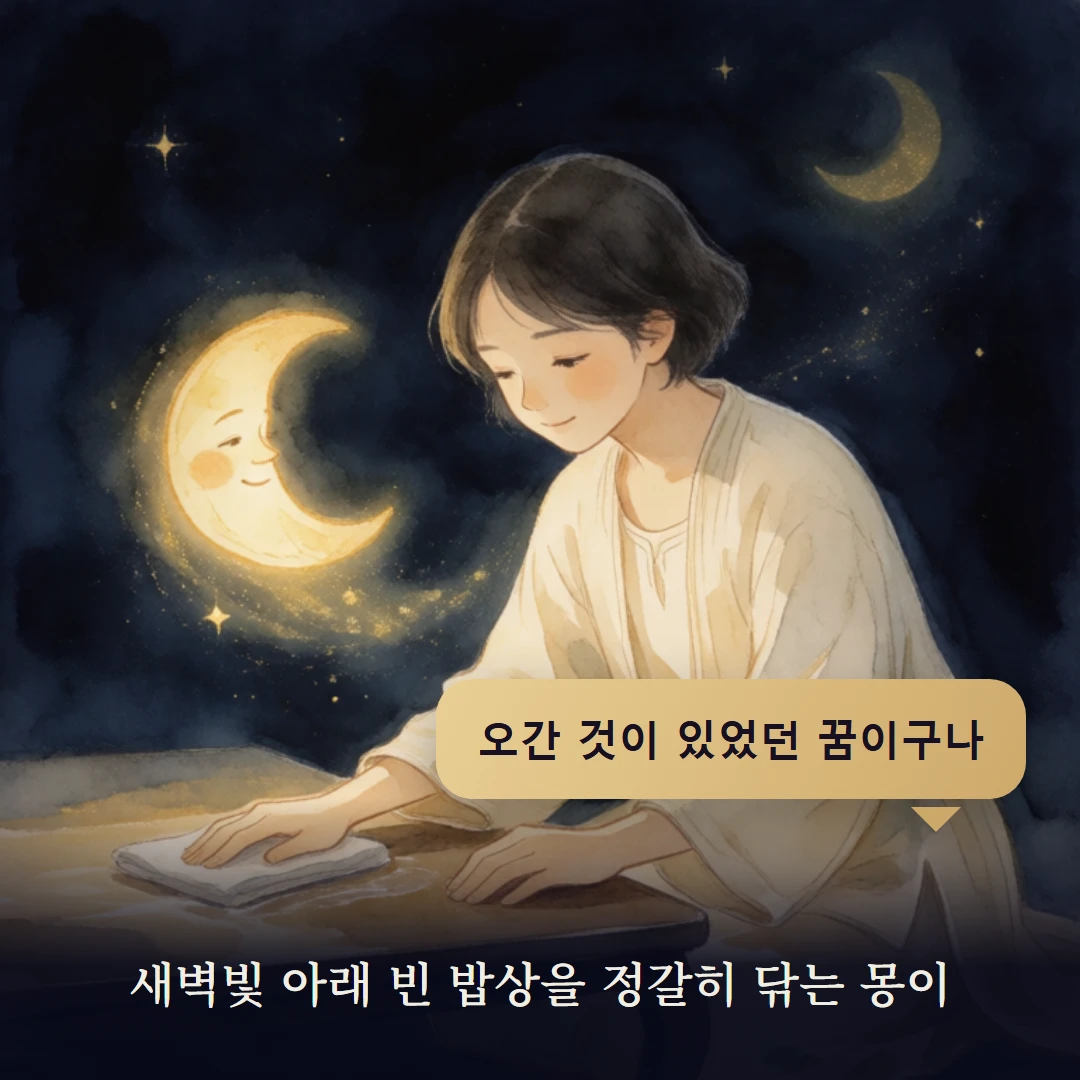 이야기 4컷 — 새벽빛 아래 빈 밥상을 정갈히 닦는 몽이