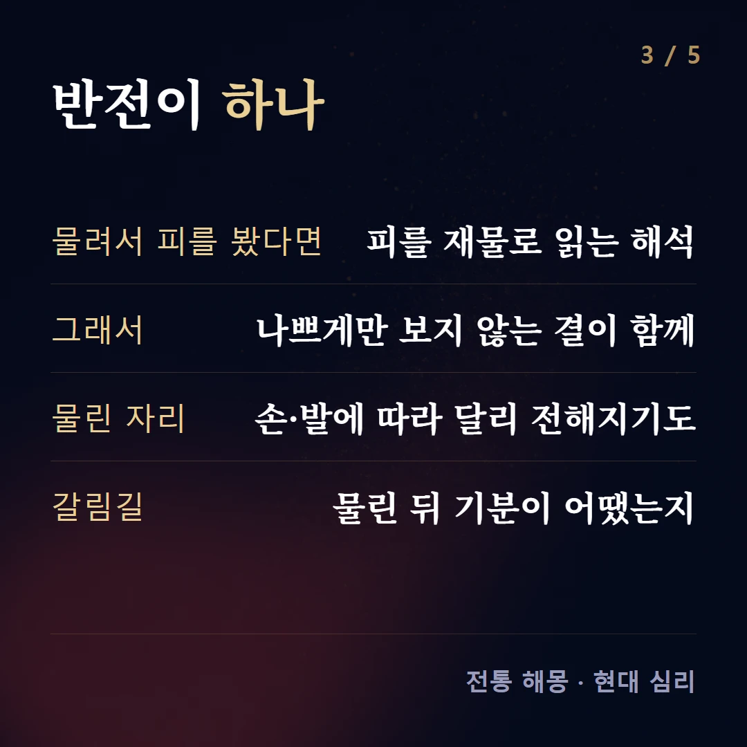 반전이 하나 — 물려서 피를 봤다면 피를 재물로 읽는 해석, 그래서 나쁘게만 보지 않는 결이 함께, 물린 자리 손·발에 따라 달리 전해지기도, 갈림길 물린 뒤 기분이 어땠는지