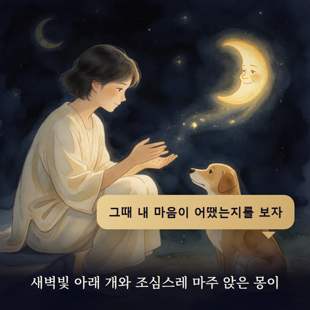이야기 4컷 — 새벽빛 아래 개와 조심스레 마주 앉은 몽이