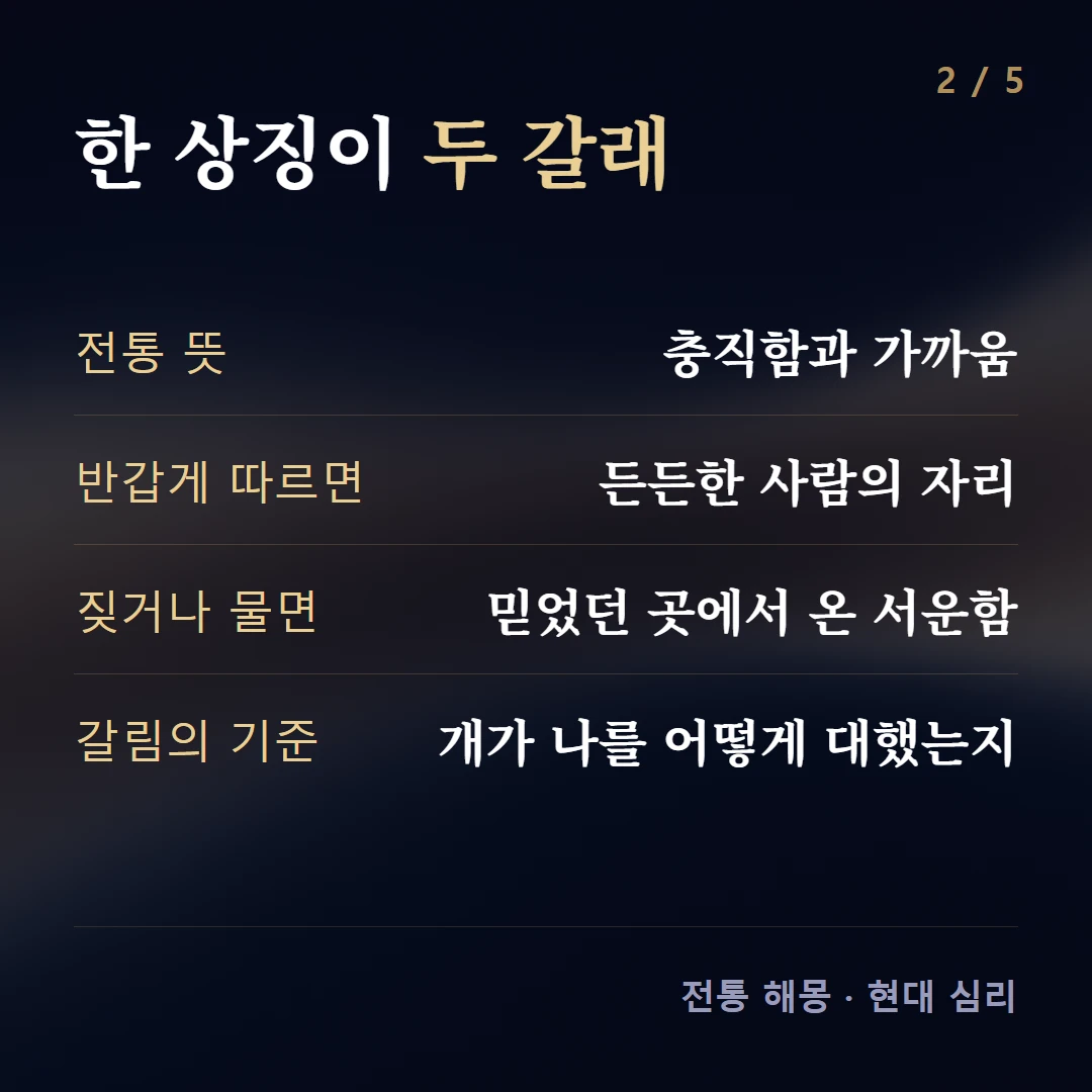 한 상징이 두 갈래 — 전통 뜻 충직함과 가까움, 반갑게 따르면 든든한 사람의 자리, 짖거나 물면 믿었던 곳에서 온 서운함, 갈림의 기준 개가 나를 어떻게 대했는지