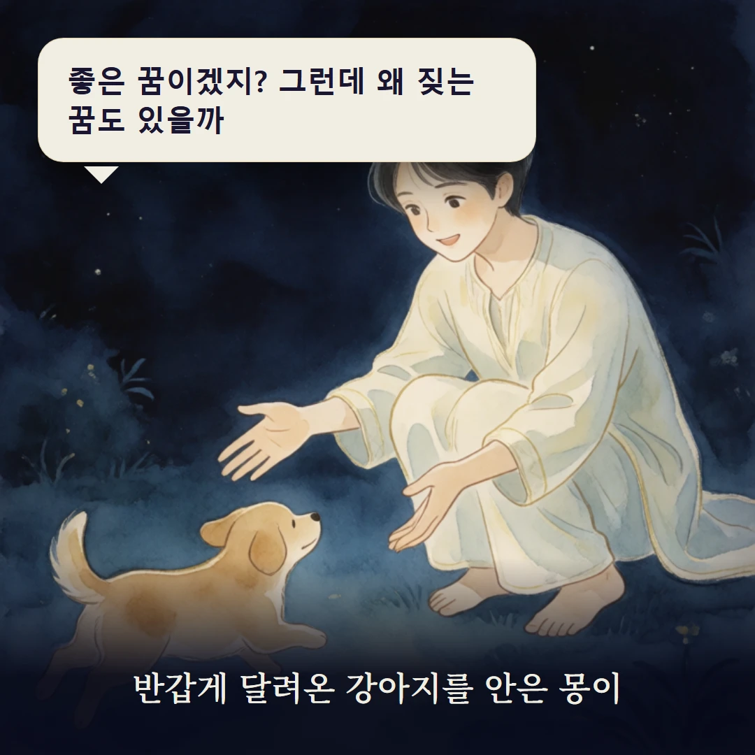 이야기 1컷 — 반갑게 달려온 강아지를 안은 몽이