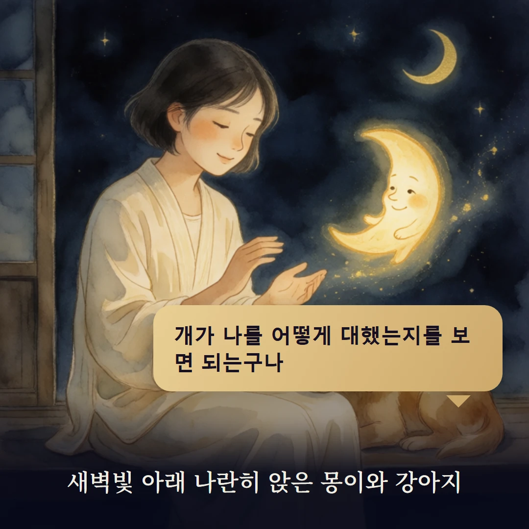 이야기 4컷 — 새벽빛 아래 나란히 앉은 몽이와 강아지