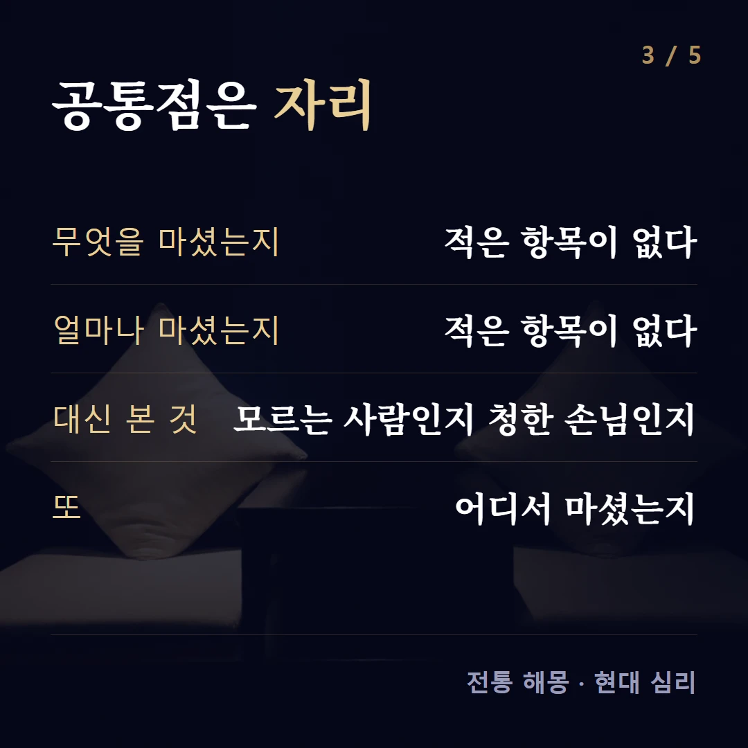 공통점은 자리 — 무엇을 마셨는지 적은 항목이 없다, 얼마나 마셨는지 적은 항목이 없다, 대신 본 것 모르는 사람인지 청한 손님인지, 또 어디서 마셨는지