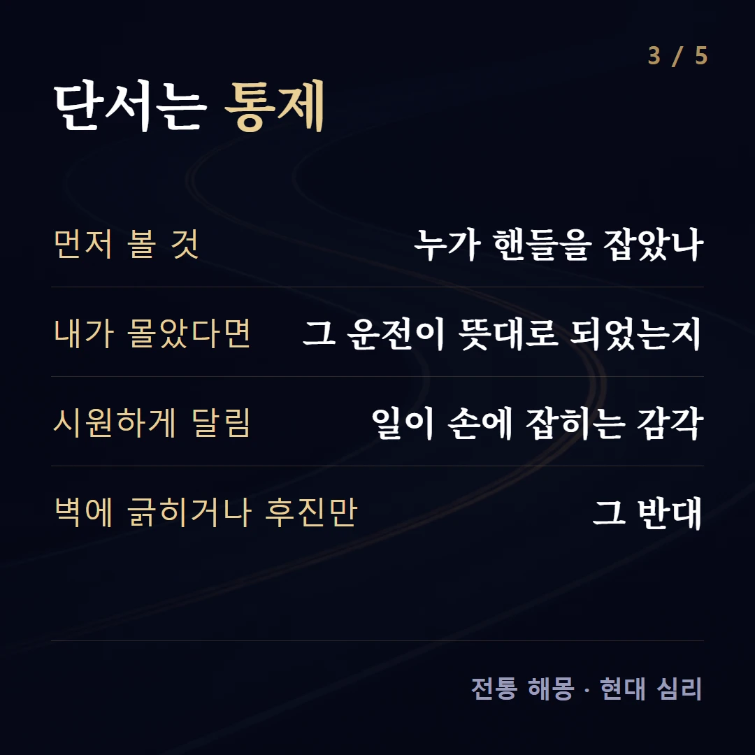 단서는 통제 — 먼저 볼 것 누가 핸들을 잡았나, 내가 몰았다면 그 운전이 뜻대로 되었는지, 시원하게 달림 일이 손에 잡히는 감각, 벽에 긁히거나 후진만 그 반대