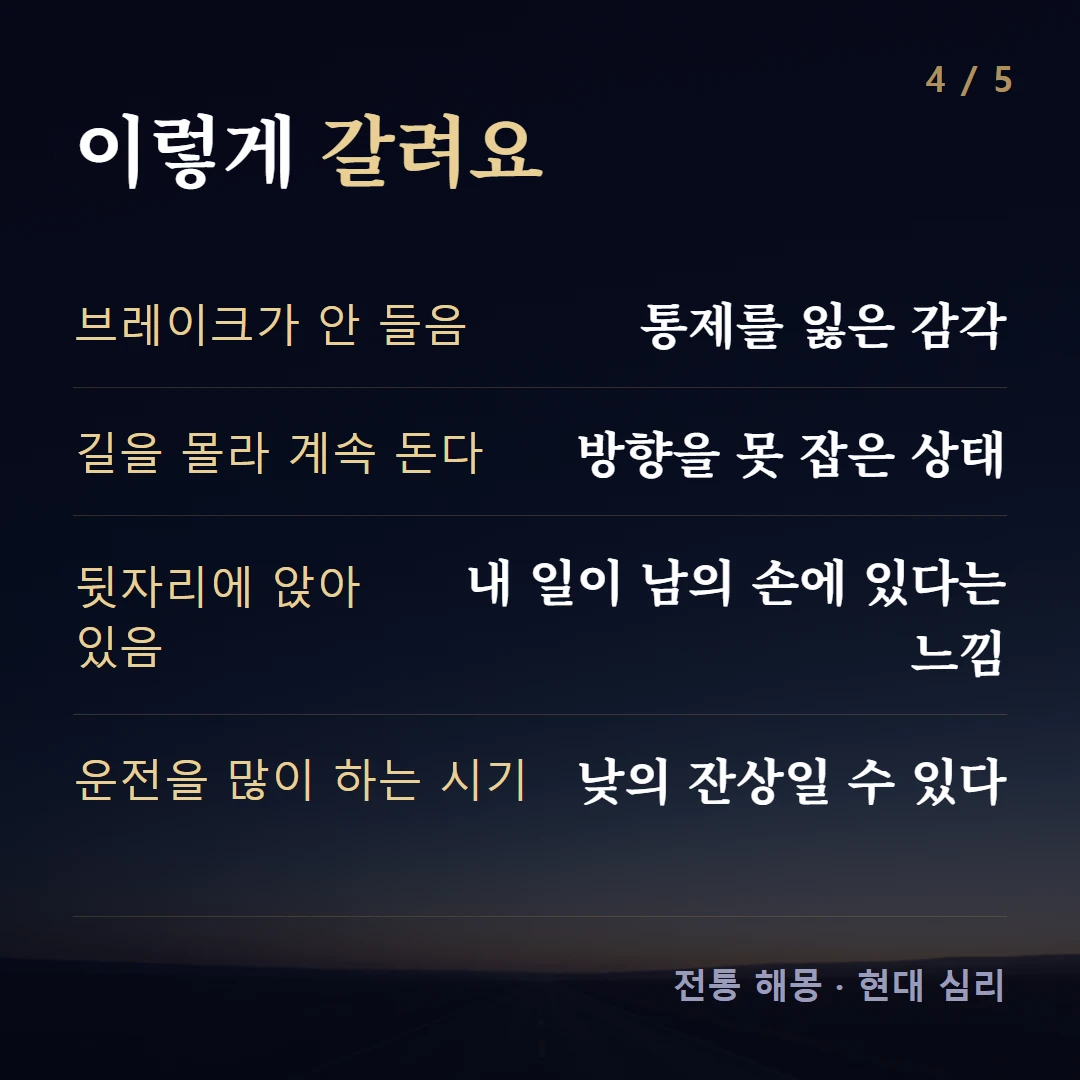 이렇게 갈려요 — 브레이크가 안 들음 통제를 잃은 감각, 길을 몰라 계속 돎 방향을 못 잡은 상태, 뒷자리에 앉아 있음 내 일이 남의 손에 있다는 느낌, 운전을 많이 하는 시기 낮의 잔상일 수 있다