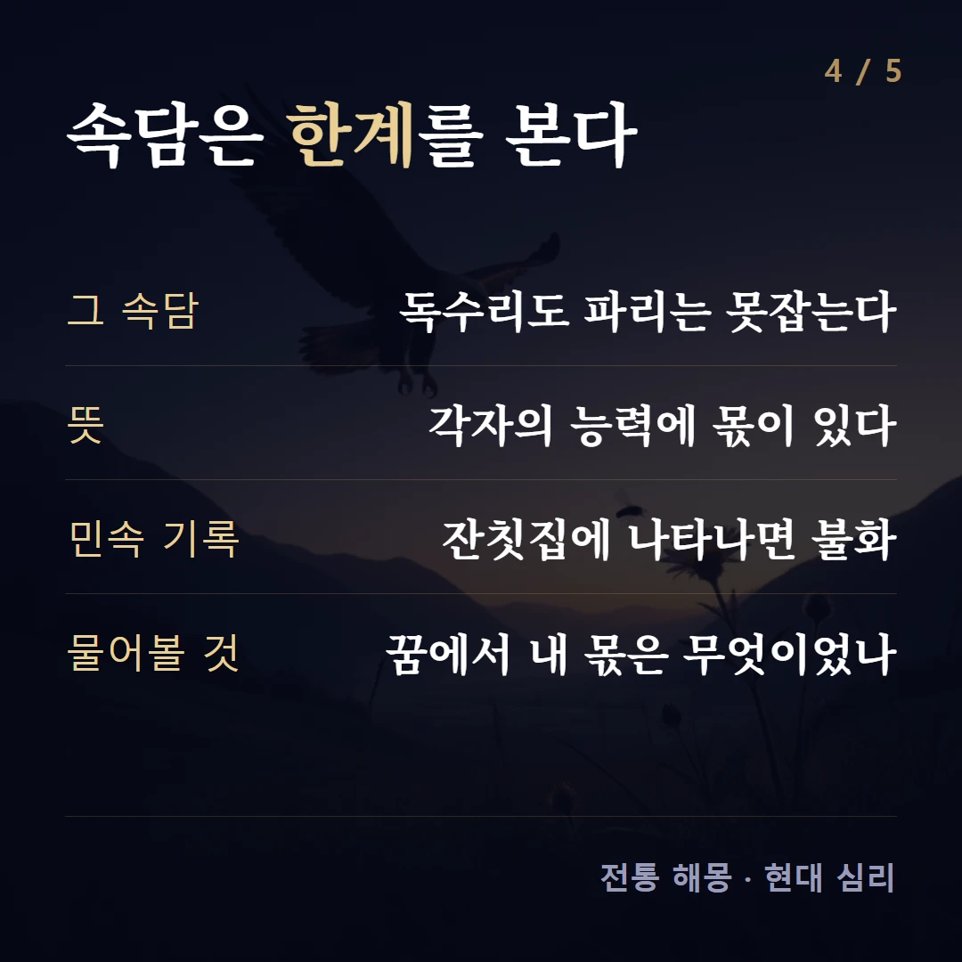 속담은 한계를 본다 — 그 속담 독수리도 파리는 못잡는다, 뜻 각자의 능력에 몫이 있다, 민속 기록 잔칫집에 나타나면 불화, 물어볼 것 꿈에서 내 몫은 무엇이었나