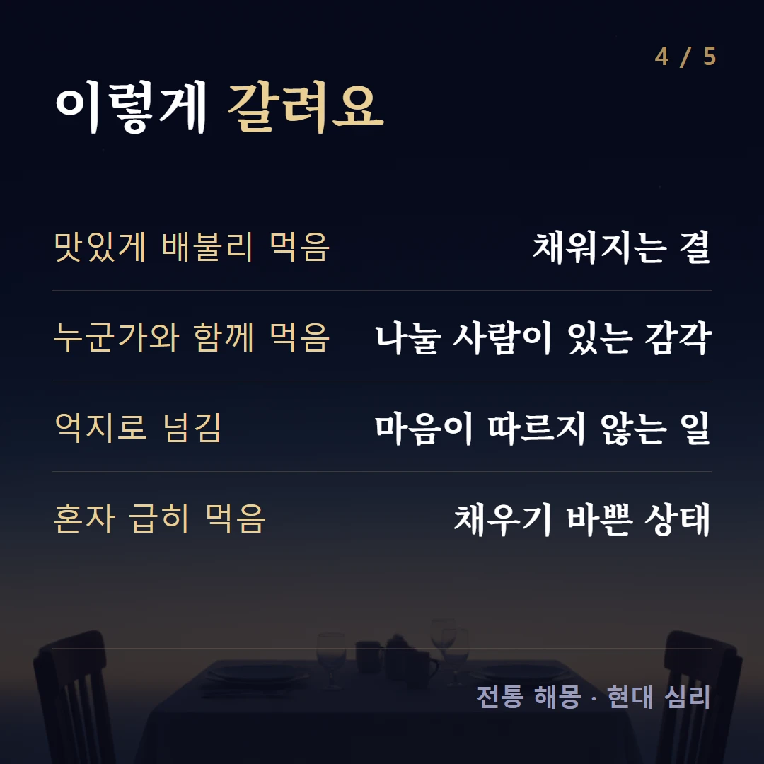 이렇게 갈려요 — 맛있게 배불리 먹음 채워지는 결, 누군가와 함께 먹음 나눌 사람이 있는 감각, 억지로 넘김 마음이 따르지 않는 일, 혼자 급히 먹음 채우기 바쁜 상태