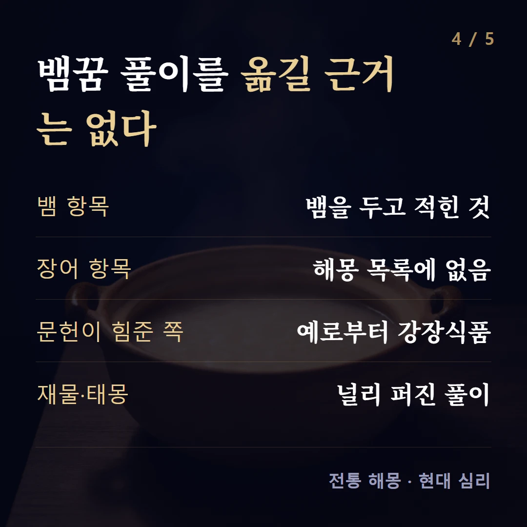 뱀꿈 풀이를 옮길 근거는 없다 — 뱀 항목 뱀을 두고 적힌 것, 장어 항목 해몽 목록에 없음, 문헌이 힘준 쪽 예로부터 강장식품, 재물·태몽 널리 퍼진 풀이