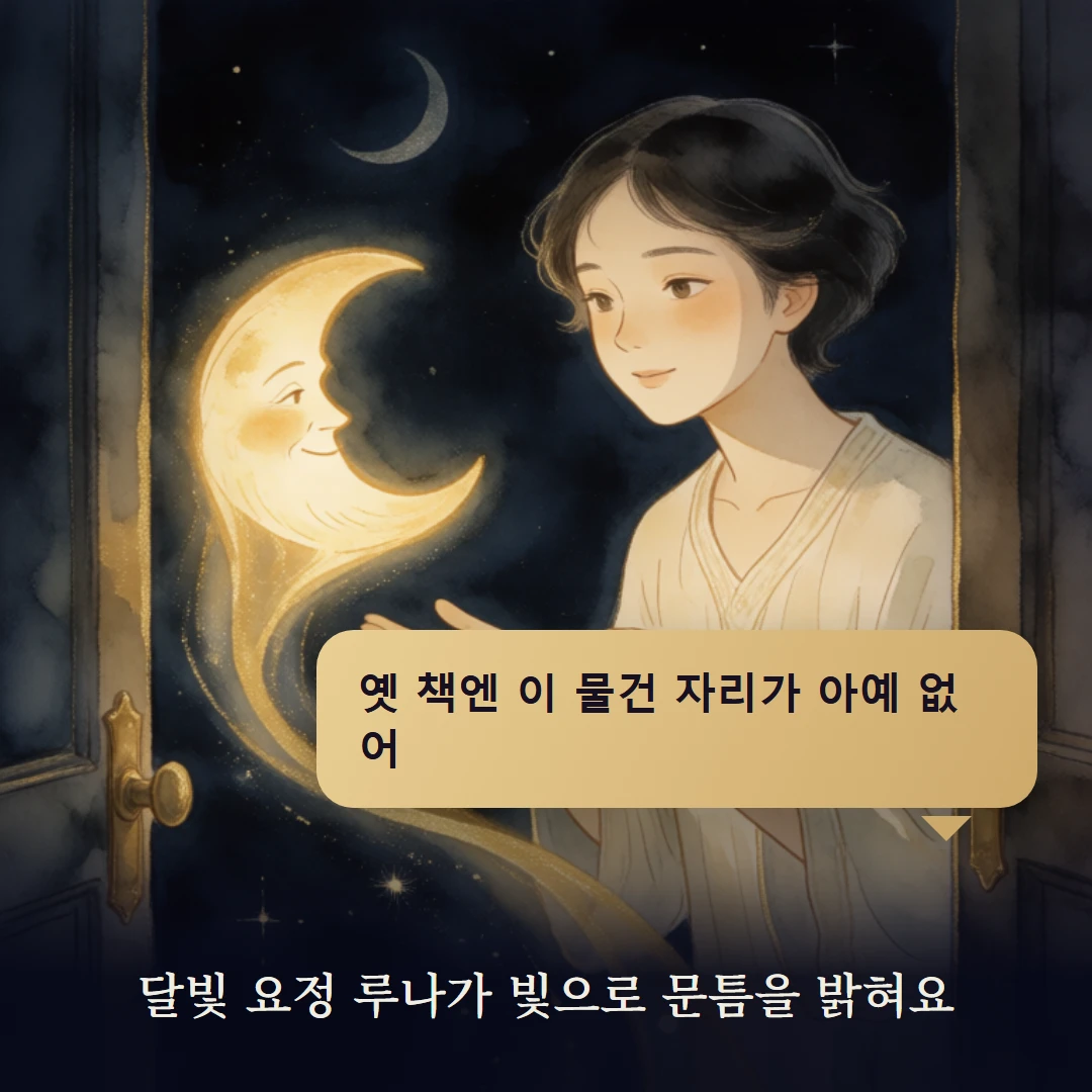 이야기 2컷 — 달빛 요정 루나가 빛으로 문틈을 밝혀요