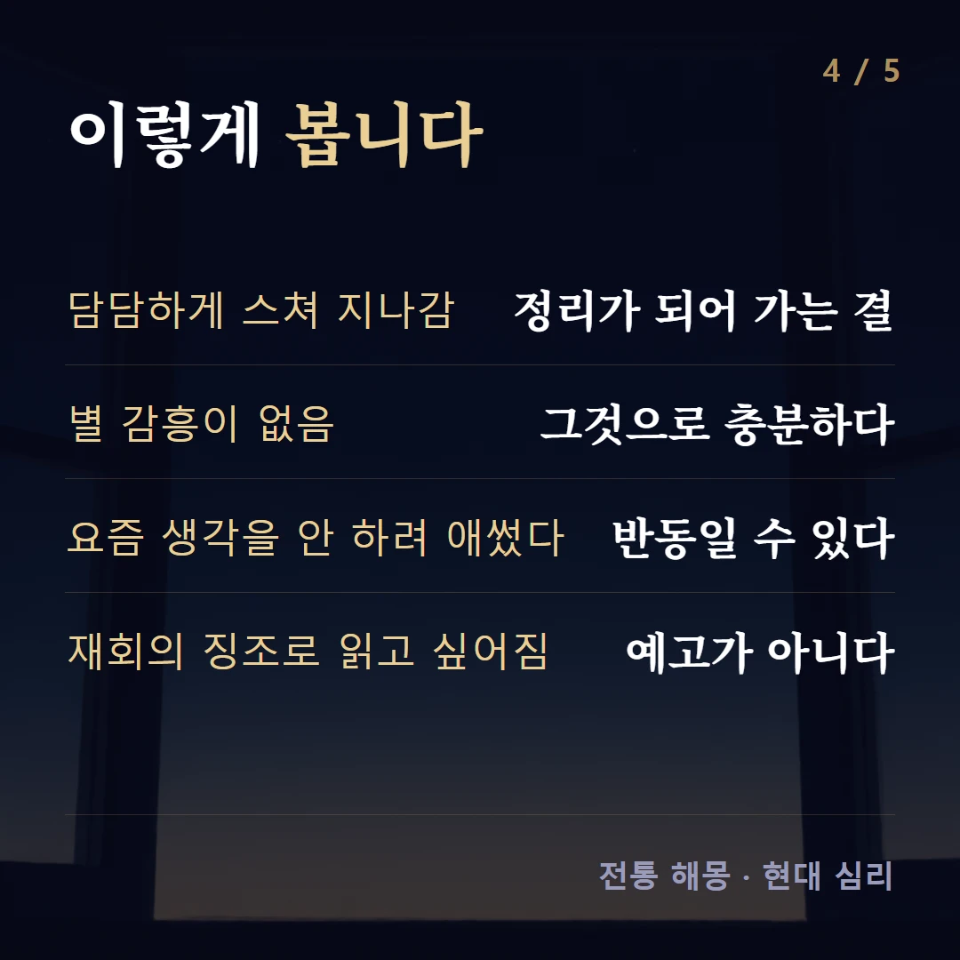 이렇게 봅니다 — 담담하게 스쳐 지나감 정리가 되어 가는 결, 별 감흥이 없음 그것으로 충분하다, 요즘 생각을 안 하려 애썼다 반동일 수 있다, 재회의 징조로 읽고 싶어짐 예고가 아니다